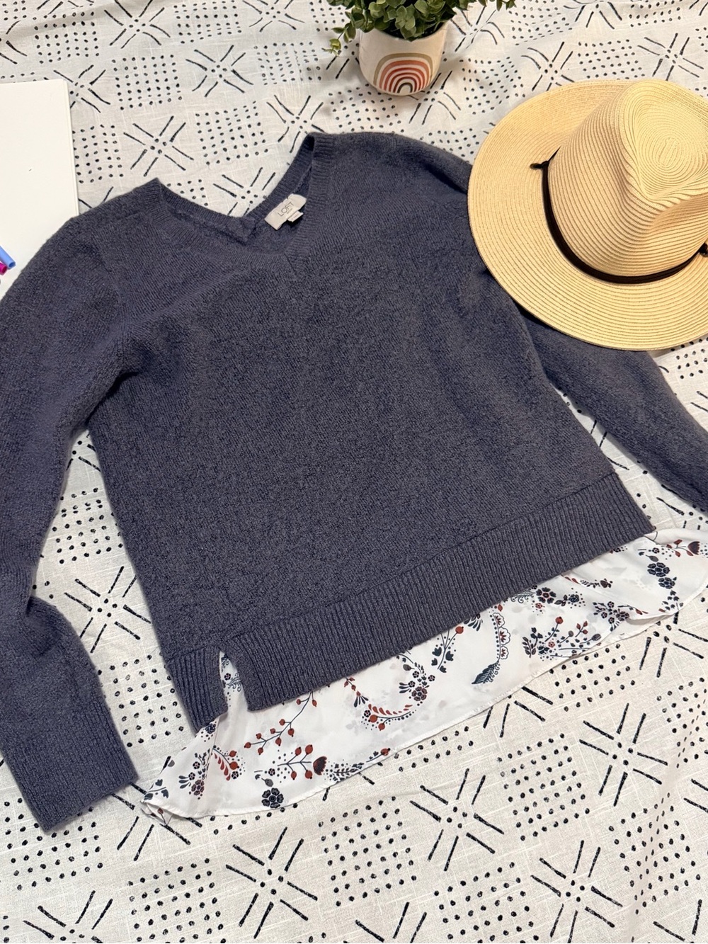 LOFT Charcoal V-Neck Sweater with Floral Layered Hem